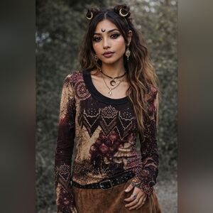 Vintage 90s Picadilly Sheer Mesh Boho Blouse Size M Brown Gold Floral Top